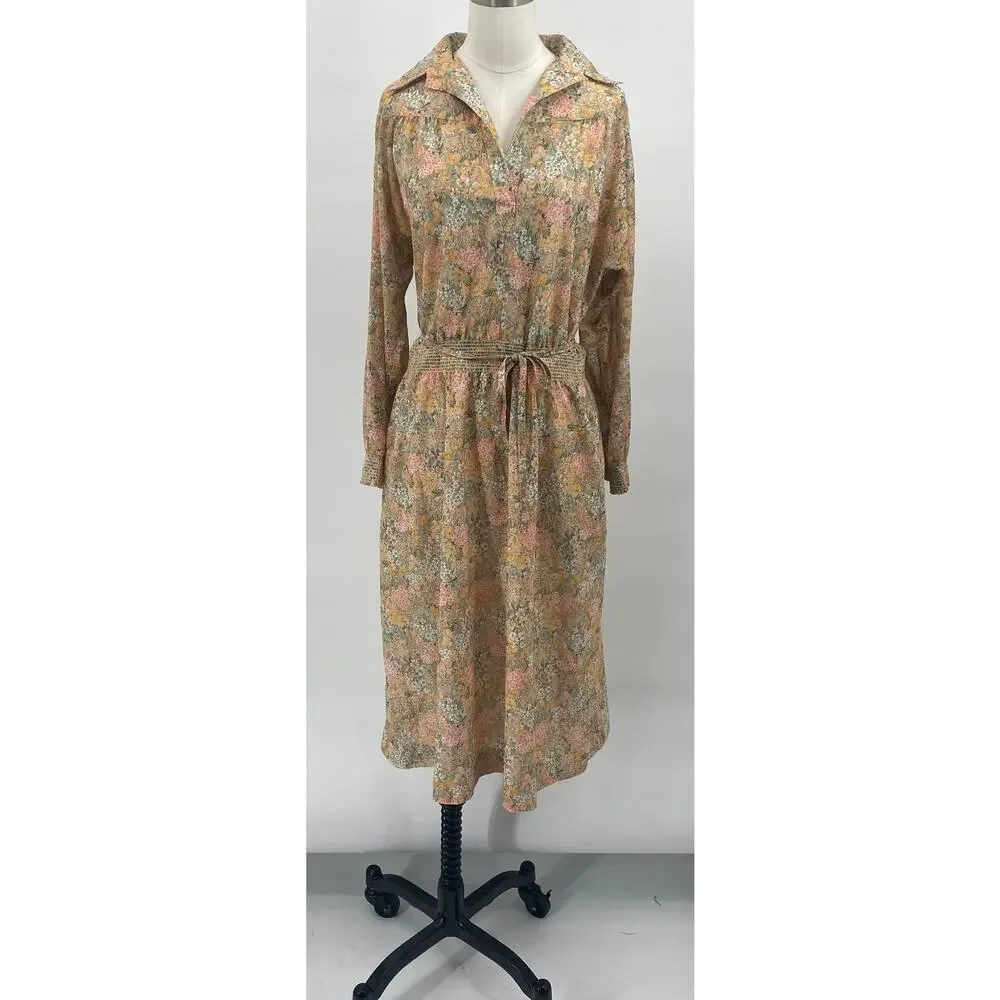 Vintage 70s Floral Print Shirtdress Long Sleeve Tie Waist Blouson Midi Dress M - Picture 2 of 11